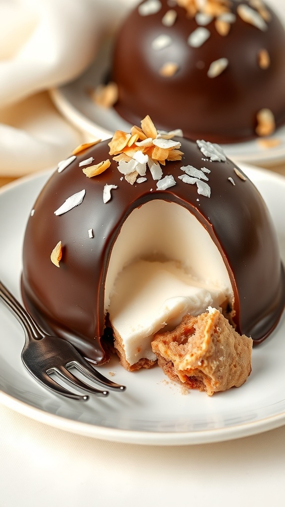 Coconut chocolate dome dessert with glossy chocolate shell and coconut filling, garnished with toasted coconut flakes.